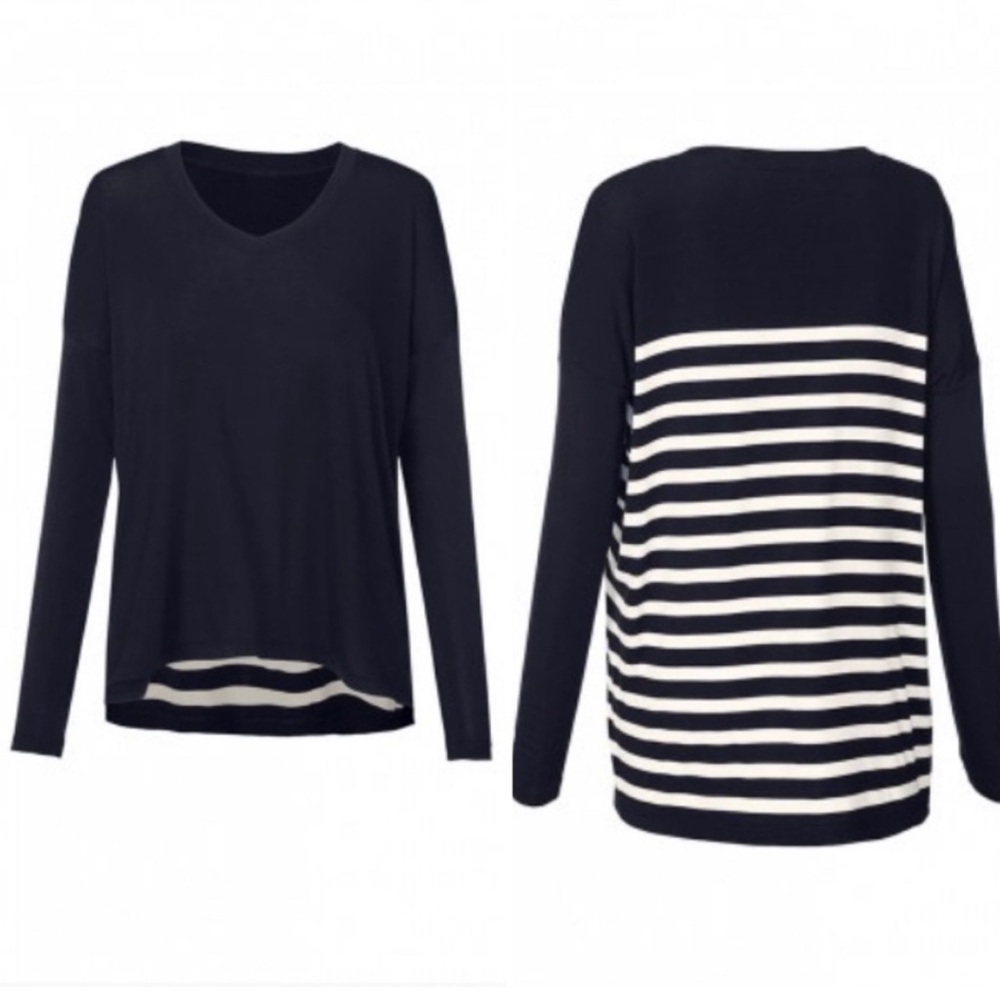 CAbi Lighthouse Tee 5742 Navy Stripe Long Sleeve V-Neck High Low Hem L